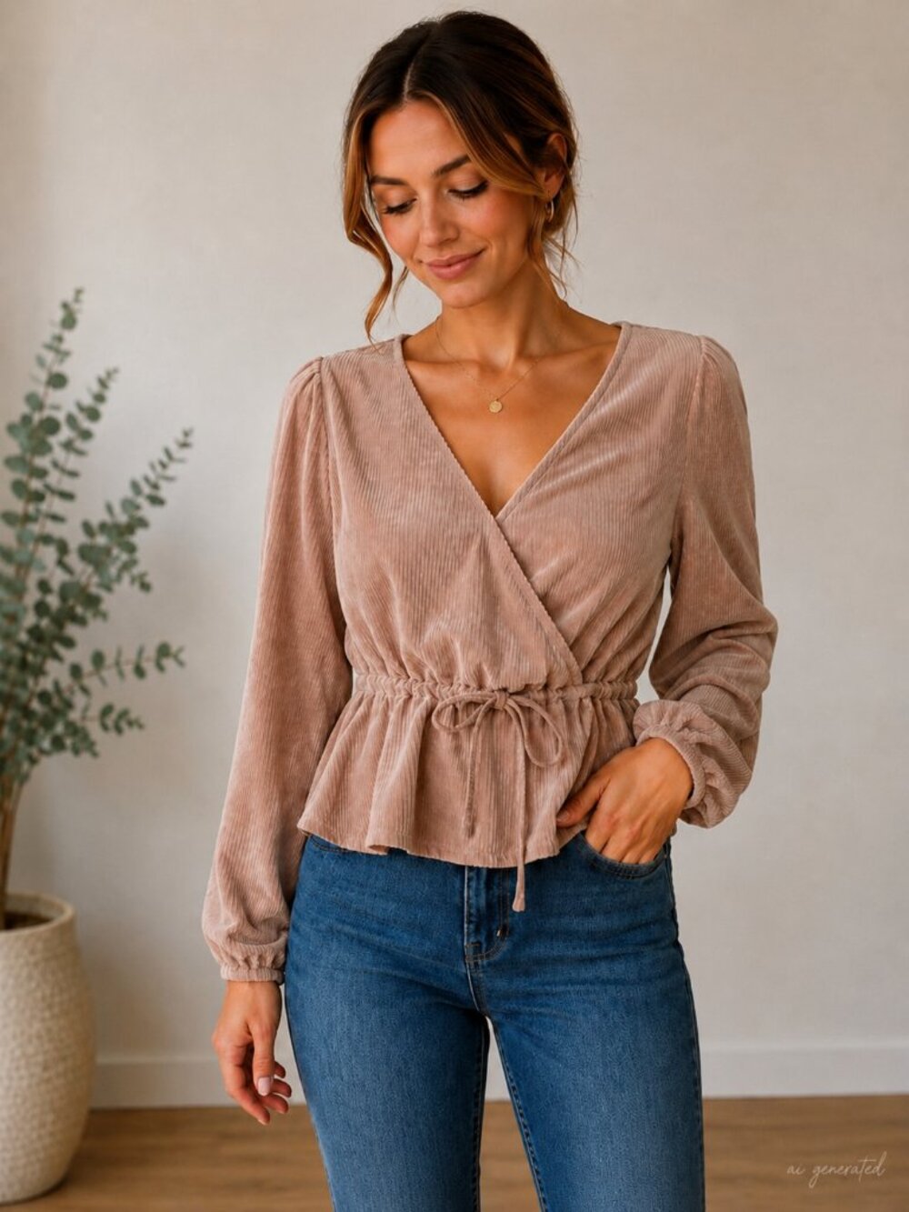 Madewell Faux Wrap Blouse Tie Waist Ribbed Long Sleeve Taupe Pink Size M